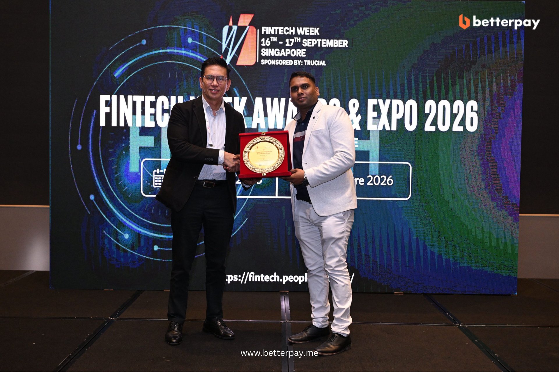 BetterPay receiving the Best Customer Solution Award at FinTech Week Awards & Expo 2026, Singapore